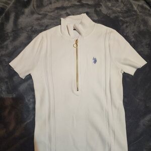 White Short Sleeve Polo Top with Gold Zipper